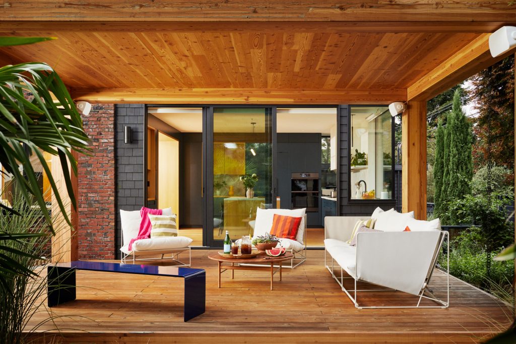 An outdoor patio is space is equipped with a great sound system, making it inviting for guests.