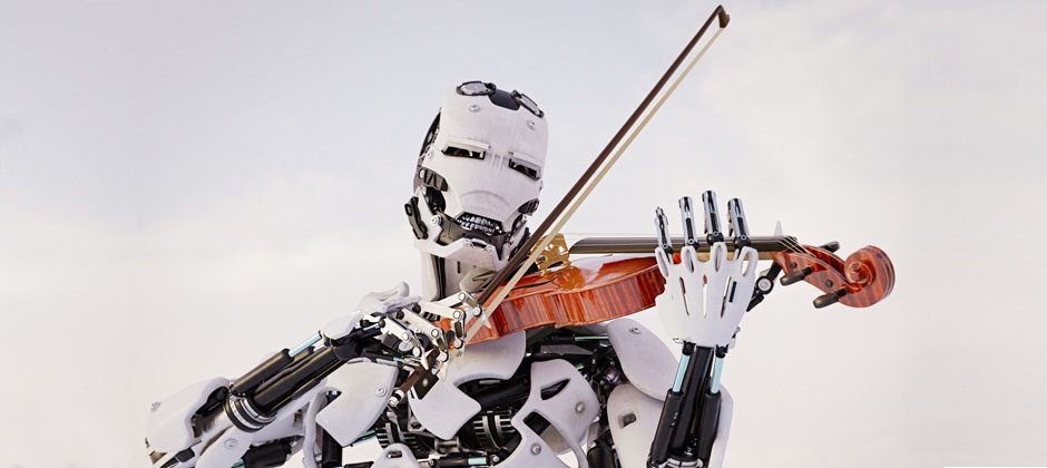 A robot playing a violin depicts AI generated music