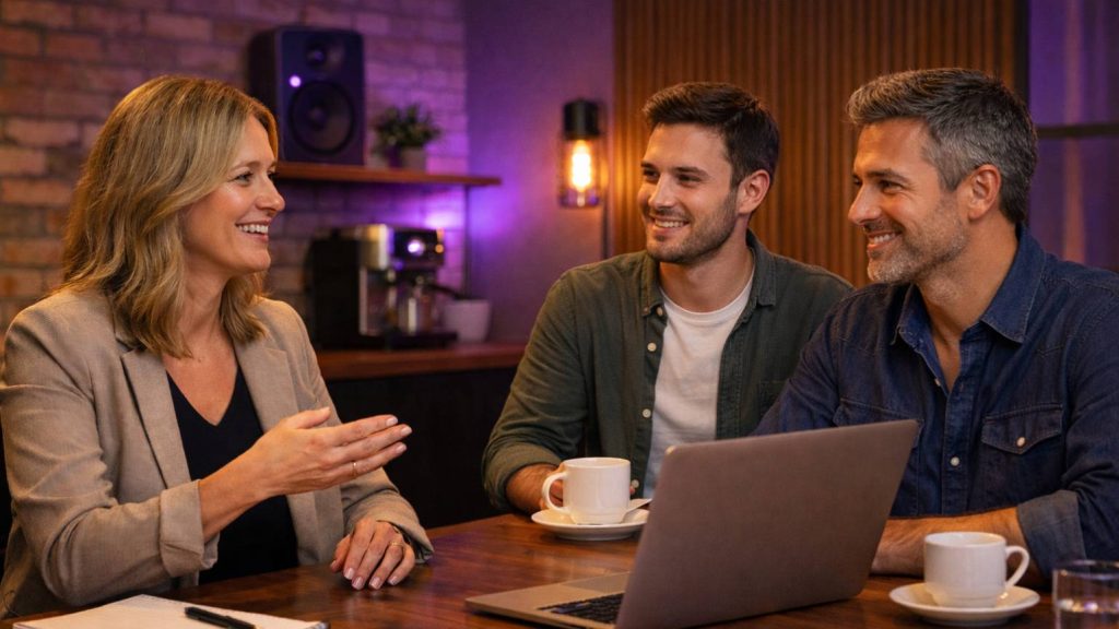 music strategy meeting between 3 people talking in a conference room around a table and laptop