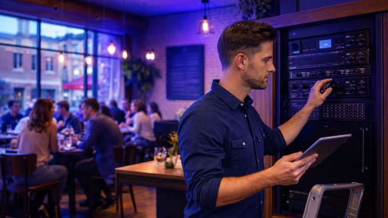 Audio technician adjusting a commercial sound system in a lively restaurant while guests dine, illustrating a managed music solution for business.
