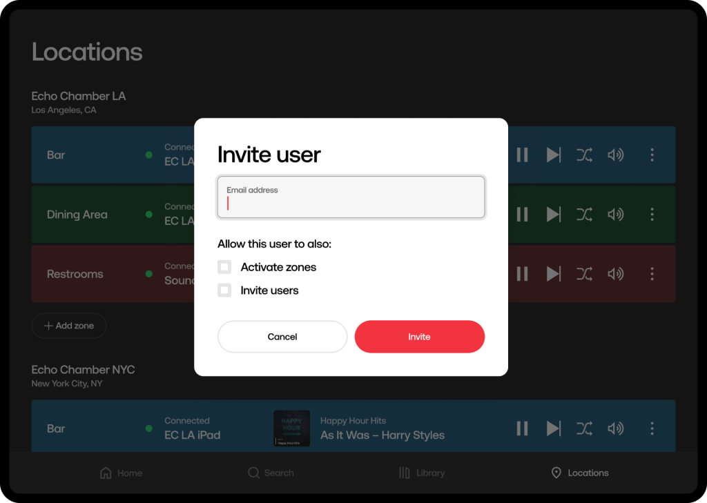 tablet screen displaying the invite user window in the permissions section of the soundtrack software