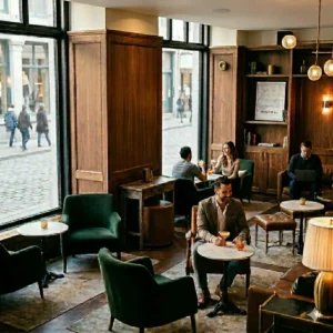 In-ceiling speaker installed in upscale hotel lobby bar with commercial audio system by Couture Media